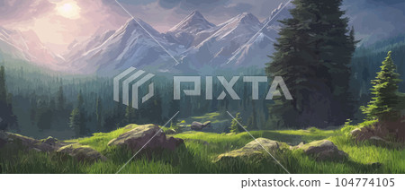 Vector horizontal landscape with fog, forest, mountains, morning sunlight. Illustration panoramic view, fogs silhouettes. Nice wallpaper, background, banner, cover, poster. natural clean landscape 104774105