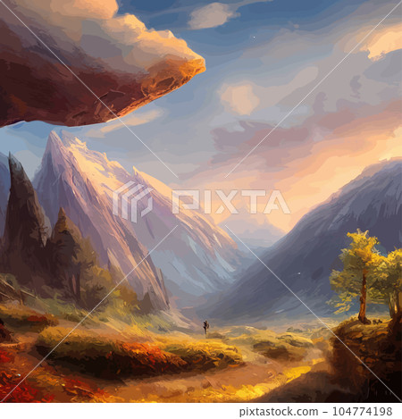 Mountain landscape. Mountain landscape. Vector illustration. Abstract background. Fantasy theme morning landscape, sunrise mountains. landscape with blue mountains silhouettes with fog cold sunlight Mountain landscape. Mountain landscape. Vector illustration. Abstract background. Fantasy theme morning landscape, sunrise mountains. landscape with blue mountains silhouettes with fog cold sunlight 104774198