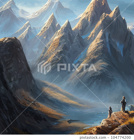 Mountain landscape. Mountain landscape. Vector illustration. Abstract background. Fantasy theme morning landscape, sunrise mountains. landscape with blue mountains silhouettes with fog cold sunlight Mountain landscape. Mountain landscape. Vector illustration. Abstract background. Fantasy theme morning landscape, sunrise mountains. landscape with blue mountains silhouettes with fog cold sunlight 104774200