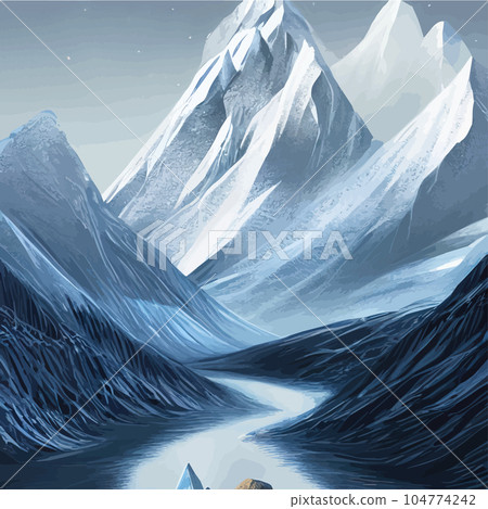 Realistic illustration mountain landscape with a hill forest with coniferous trees, under blue winter sky with space for text. Gray mountains forest retro vintage vector background illustration. Realistic illustration mountain landscape with a hill forest with coniferous trees, under blue winter sky with space for text. Gray mountains forest retro vintage vector background illustration. 104774242