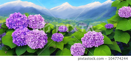 Mountain spring landscape, mountains with snowy peaks, lilac flower bushes, cartoon flat spring nature, green pasture meadow with forests, beautiful spring day mountains, vector illustration banner Mountain spring landscape, mountains with snowy peaks, lilac flower bushes, cartoon flat spring nature, green pasture meadow with forests, beautiful spring day mountains, vector illustration banner 104774244