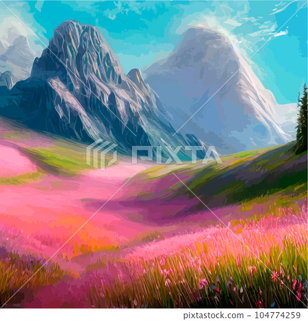 Beautiful field of tulips growing on the slope, mountains and sky illustration. Abstract field illustration. landscape spring vector background. Netherlands nature. Cover template. Poster Beautiful field of tulips growing on the slope, mountains and sky illustration. Abstract field illustration. landscape spring vector background. Netherlands nature. Cover template. Poster 104774259