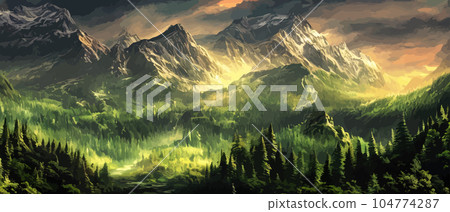 Foggy mountains landscape landscape vector illustration. Smoky rocky panorama with mountain mountains and silhouettes for pine forest. Evergreen forests and green meadows. Mountains in fog with forest 104774287