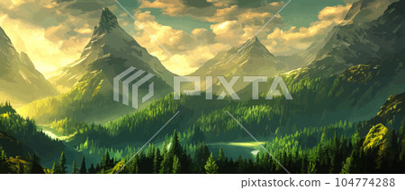 Foggy mountains landscape landscape vector illustration. Smoky rocky panorama with mountain mountains and silhouettes for pine forest. Evergreen forests and green meadows. Mountains in fog with forest 104774288