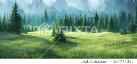 Vector horizontal landscape with fog, forest, mountains, morning sunlight. Illustration panoramic view, fogs silhouettes. Nice wallpaper, background, banner, cover, poster. natural clean landscape Vector horizontal landscape with fog, forest, mountains, morning sunlight. Illustration panoramic view, fogs silhouettes. Nice wallpaper, background, banner, cover, poster. natural clean landscape 104774353
