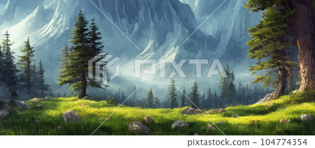 Vector horizontal landscape with fog, forest, mountains, morning sunlight. Illustration panoramic view, fogs silhouettes. Nice wallpaper, background, banner, cover, poster. natural clean landscape Vector horizontal landscape with fog, forest, mountains, morning sunlight. Illustration panoramic view, fogs silhouettes. Nice wallpaper, background, banner, cover, poster. natural clean landscape 104774354