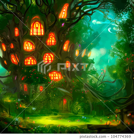 Fairy-tale house in a tree with a roof intertwined. Square flat cartoon illustration with textures. Forest house made leaves and clay gnome vector. Fairy elf gnome magic. 104774369