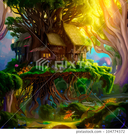 Fairy-tale house in a tree with a roof intertwined. Square flat cartoon illustration with textures. Forest house made leaves and clay gnome vector. Fairy elf gnome magic. 104774372