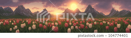 A field of tulips against the backdrop of mountains. Spring banner vector illustration. huge field of colorful tulips. Behind the field is a mountain range. Sunset. clouds of orange 104774401