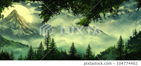 Foggy mountains landscape landscape vector illustration. Smoky rocky panorama with mountain mountains and silhouettes for pine forest. Evergreen forests and green meadows. Mountains in fog with forest 104774402