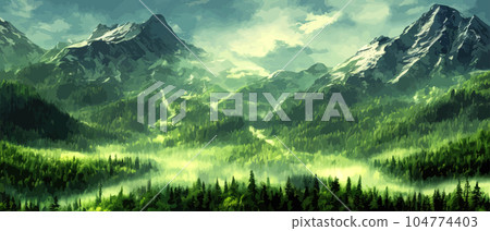 Foggy mountains landscape landscape vector illustration. Smoky rocky panorama with mountain mountains and silhouettes for pine forest. Evergreen forests and green meadows. Mountains in fog with forest 104774403