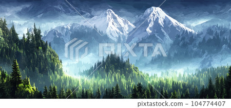 Foggy mountains landscape landscape vector illustration. Smoky rocky panorama with mountain mountains and silhouettes for pine forest. Evergreen forests and green meadows. Mountains in fog with forest Foggy mountains landscape landscape vector illustration. Smoky rocky panorama with mountain mountains and silhouettes for pine forest. Evergreen forests and green meadows. Mountains in fog with forest 104774407