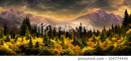 Wild natural landscape with mountains, coniferous forest with copy space. Great travel advertising, brochures, labels. Vector banner illustration. Idyllic amazing landscapes nature. beautiful season Wild natural landscape with mountains, coniferous forest with copy space. Great travel advertising, brochures, labels. Vector banner illustration. Idyllic amazing landscapes nature. beautiful season 104774440
