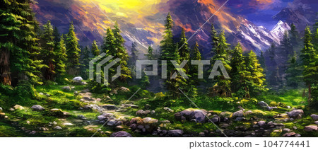Wild natural landscape with mountains, coniferous forest with copy space. Great travel advertising, brochures, labels. Vector banner illustration. Idyllic amazing landscapes nature. beautiful season Wild natural landscape with mountains, coniferous forest with copy space. Great travel advertising, brochures, labels. Vector banner illustration. Idyllic amazing landscapes nature. beautiful season 104774441