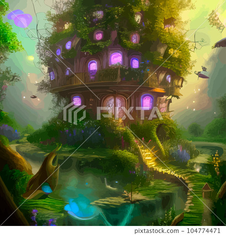 Fairy-tale house in a tree with a roof intertwined. Square flat cartoon illustration with textures. Forest house made leaves and clay gnome vector. Fairy elf gnome magic. Fairy-tale house in a tree with a roof intertwined. Square flat cartoon illustration with textures. Forest house made leaves and clay gnome vector. Fairy elf gnome magic. 104774471