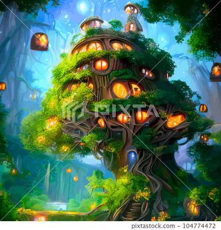 Fairy-tale house in a tree with a roof intertwined. Square flat cartoon illustration with textures. Forest house made leaves and clay gnome vector. Fairy elf gnome magic. Fairy-tale house in a tree with a roof intertwined. Square flat cartoon illustration with textures. Forest house made leaves and clay gnome vector. Fairy elf gnome magic. 104774472
