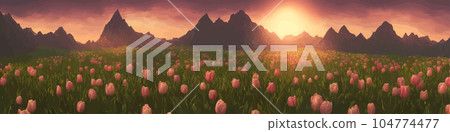 A field of tulips against the backdrop of mountains. Spring banner vector illustration. huge field of colorful tulips. Behind the field is a mountain range. Sunset. clouds of orange A field of tulips against the backdrop of mountains. Spring banner vector illustration. huge field of colorful tulips. Behind the field is a mountain range. Sunset. clouds of orange 104774477