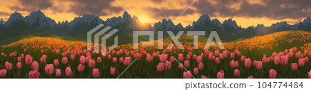 A field of tulips against the backdrop of mountains. Spring banner vector illustration. huge field of colorful tulips. Behind the field is a mountain range. Sunset. clouds of orange A field of tulips against the backdrop of mountains. Spring banner vector illustration. huge field of colorful tulips. Behind the field is a mountain range. Sunset. clouds of orange 104774484