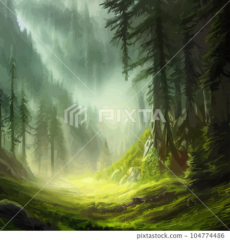 Nature and landscape. Vector illustration trees, forests, mountains, plants. Image for background, card or cover. Illustration. Natural landscape with spruce trees. Modern minimal abstract background  104774486