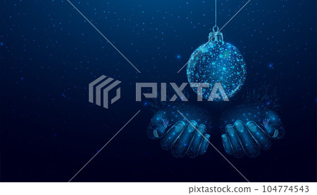 Two hands are holding a Christmas ball. Wireframe glowing low poly design on a blue background. Abstract futuristic vector illustration Two hands are holding a Christmas ball. Wireframe glowing low poly design on a blue background. Abstract futuristic vector illustration 104774543