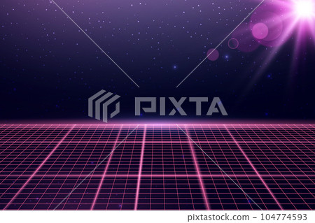 Wireframe perspective grid with lens flare. Space neon infinity mesh, abstract retro background. Vector illustration Wireframe perspective grid with lens flare. Space neon infinity mesh, abstract retro background. Vector illustration 104774593