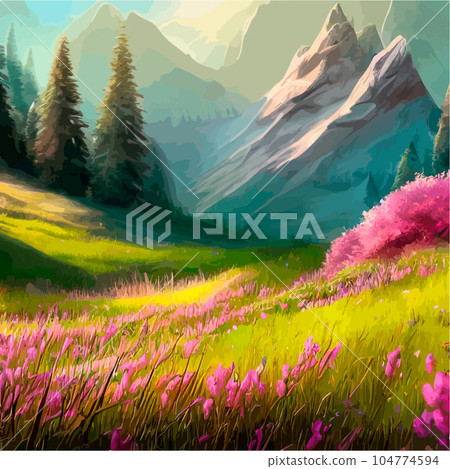 Beautiful field of tulips growing on the slope, mountains and sky illustration. Abstract field illustration. landscape spring vector background. Netherlands nature. Cover template. Poster Beautiful field of tulips growing on the slope, mountains and sky illustration. Abstract field illustration. landscape spring vector background. Netherlands nature. Cover template. Poster 104774594