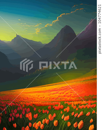 Vector spring background. Dutch landscape with tulip field, trees, hills, mountains. Floral vertical landscape poster cartoon hand drawn style. For posters, advertisements, wallpapers, landing pages Vector spring background. Dutch landscape with tulip field, trees, hills, mountains. Floral vertical landscape poster cartoon hand drawn style. For posters, advertisements, wallpapers, landing pages 104774621