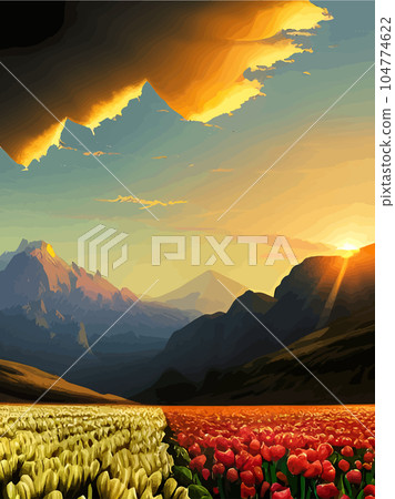 Vector spring background. Dutch landscape with tulip field, trees, hills, mountains. Floral vertical landscape poster cartoon hand drawn style. For posters, advertisements, wallpapers, landing pages 104774622