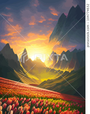 Vector spring background. Dutch landscape with tulip field, trees, hills, mountains. Floral vertical landscape poster cartoon hand drawn style. For posters, advertisements, wallpapers, landing pages Vector spring background. Dutch landscape with tulip field, trees, hills, mountains. Floral vertical landscape poster cartoon hand drawn style. For posters, advertisements, wallpapers, landing pages 104774632