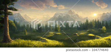 Vector horizontal landscape with fog, forest, mountains, morning sunlight. Illustration panoramic view, fogs silhouettes. Nice wallpaper, background, banner, cover, poster. natural clean landscape 104774640
