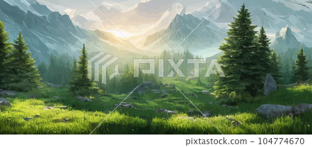 Vector horizontal landscape with fog, forest, mountains, morning sunlight. Illustration panoramic view, fogs silhouettes. Nice wallpaper, background, banner, cover, poster. natural clean landscape Vector horizontal landscape with fog, forest, mountains, morning sunlight. Illustration panoramic view, fogs silhouettes. Nice wallpaper, background, banner, cover, poster. natural clean landscape 104774670