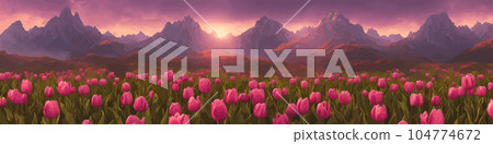 A field of tulips against the backdrop of mountains. Spring banner vector illustration. huge field of colorful tulips. Behind the field is a mountain range. Sunset. clouds of orange 104774672