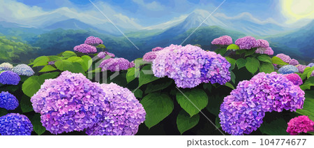 Mountain spring landscape, mountains with snowy peaks, lilac flower bushes, cartoon flat spring nature, green pasture meadow with forests, beautiful spring day mountains, vector illustration banner 104774677