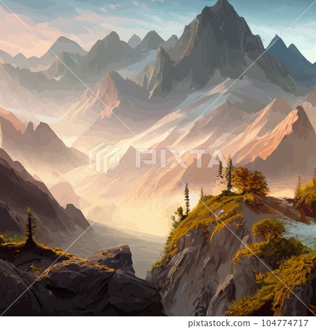 Mountain mature silhouette element outdoor icon snowy ice peaks and decorative, Realistic illustration of mountain landscape with hill and forest with coniferous trees 104774717