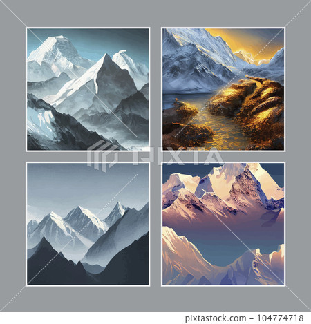 set of four nature posters. Mountain mature silhouette element outdoor icon snowy ice peaks and decorative, Realistic illustration of mountain landscape with hill and forest with coniferous trees set of four nature posters. Mountain mature silhouette element outdoor icon snowy ice peaks and decorative, Realistic illustration of mountain landscape with hill and forest with coniferous trees 104774718