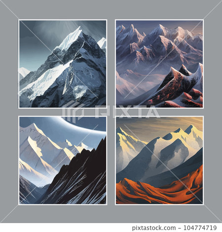 set of four nature posters. Mountain mature silhouette element outdoor icon snowy ice peaks and decorative, Realistic illustration of mountain landscape with hill and forest with coniferous trees 104774719