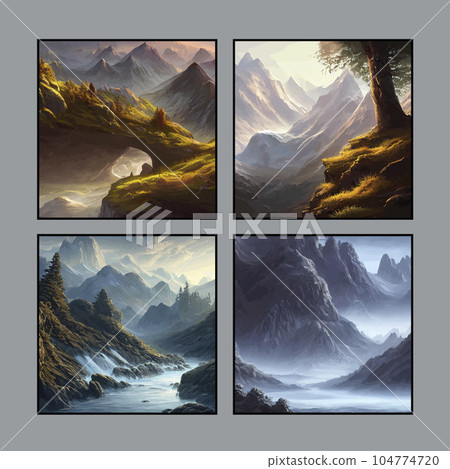 set of four nature posters. Mountain mature silhouette element outdoor icon snowy ice peaks and decorative, Realistic illustration of mountain landscape with hill and forest with coniferous trees 104774720
