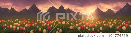 A field of tulips against the backdrop of mountains. Spring banner vector illustration. huge field of colorful tulips. Behind the field is a mountain range. Sunset. clouds of orange A field of tulips against the backdrop of mountains. Spring banner vector illustration. huge field of colorful tulips. Behind the field is a mountain range. Sunset. clouds of orange 104774739