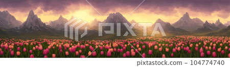A field of tulips against the backdrop of mountains. Spring banner vector illustration. huge field of colorful tulips. Behind the field is a mountain range. Sunset. clouds of orange A field of tulips against the backdrop of mountains. Spring banner vector illustration. huge field of colorful tulips. Behind the field is a mountain range. Sunset. clouds of orange 104774740