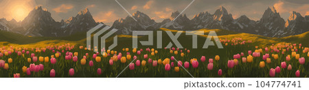 A field of tulips against the backdrop of mountains. Spring banner vector illustration. huge field of colorful tulips. Behind the field is a mountain range. Sunset. clouds of orange A field of tulips against the backdrop of mountains. Spring banner vector illustration. huge field of colorful tulips. Behind the field is a mountain range. Sunset. clouds of orange 104774741