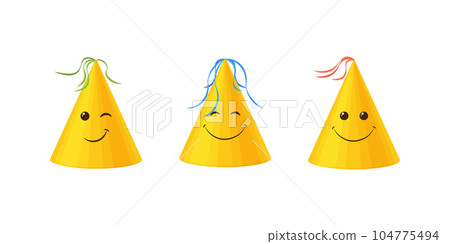 Caps for a party with emotions. Cute yellow party hats with cheerful smiles. Smiling party hats in cartoon style. Vector illustration 104775494