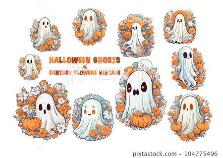 Halloween ghosts with fantasy flowers vintage set. Halloween ghosts with fantasy flowers vintage set. 104775496
