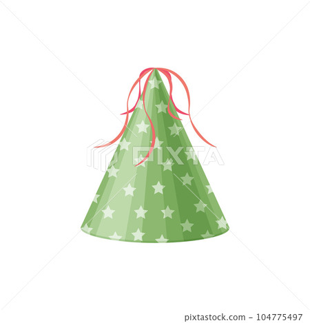 A party hat. A green party hat with green stars and red ribbons. Festive headdress. An accessory for happy holidays. Vector illustration isolated on a white background A party hat. A green party hat with green stars and red ribbons. Festive headdress. An accessory for happy holidays. Vector illustration isolated on a white background 104775497