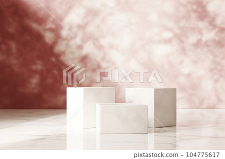 An abstract template with a dark red marbled background and three square white display stands. AI generated image An abstract template with a dark red marbled background and three square white display stands. AI generated image 104775617