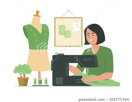 Dressmaker Woman Sewing Clothes with Sewing Machine Dressmaker Woman Sewing Clothes with Sewing Machine 104775764