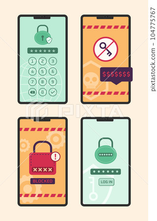 Smartphones with Login Screen Warning for Cyber Security Concept Illustration 104775767