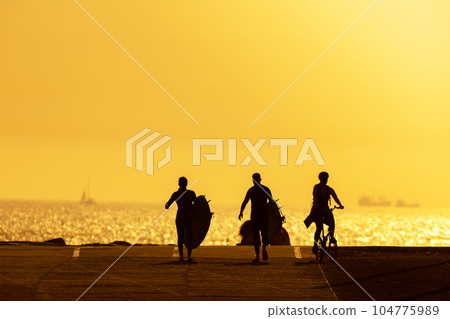Black silhouettes of youth walking holding surfing boards at sunset 104775989