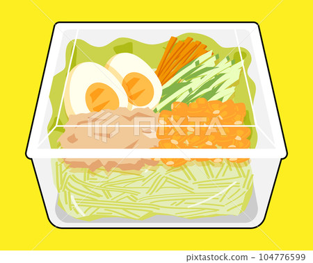 一次性容器中的蔬菜沙拉、帶黑邊的金槍魚玉米 104776599