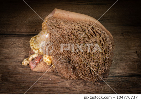 raw cow stomach background. Beef tripe for feeding domestic dog dogs. Fresh stomach with leftover grass and straw. Raw feeding pets. View from above. 104776737