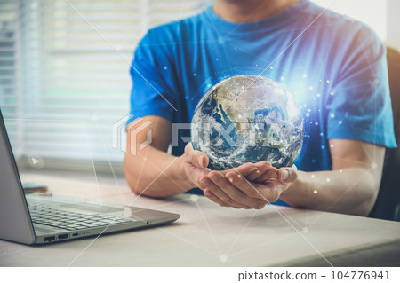 Global on hand with internet connection and laptop computer. Photo element by NASA Global on hand with internet connection and laptop computer. Photo element by NASA 104776941